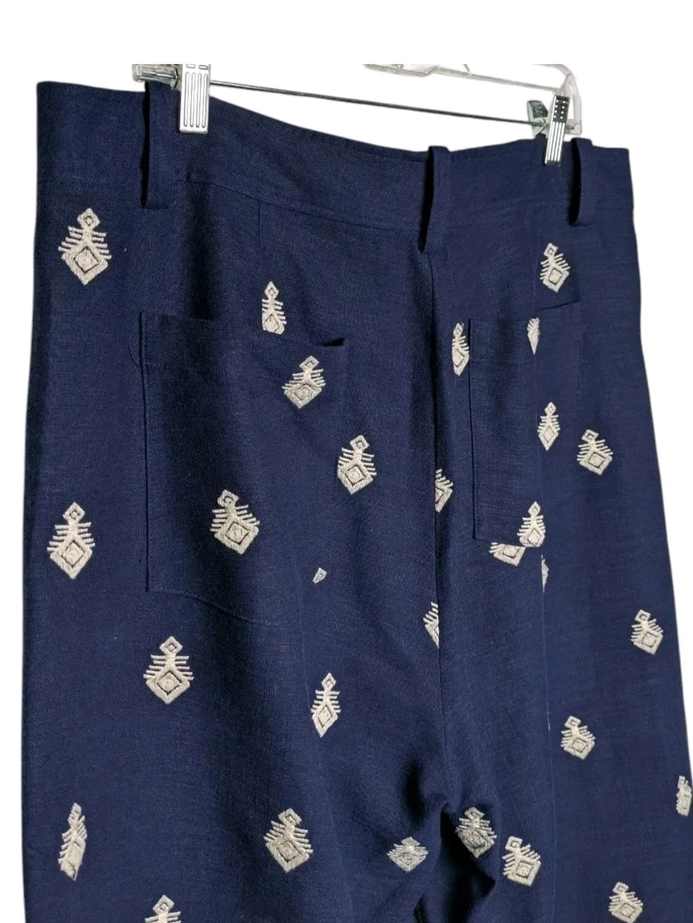 Zara Embroidered Linen Blend Crop Wide Leg Pants 2XL XXL Navy Cream